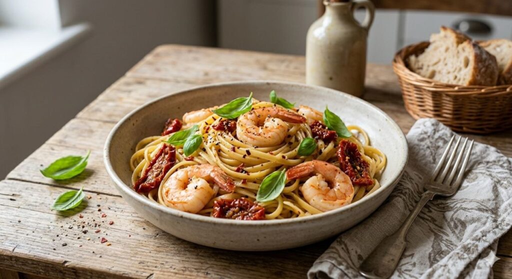 Pasta con langostinos y tomates secos